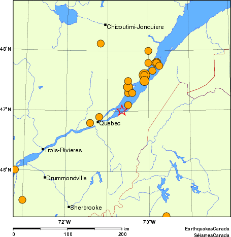 carte des séismes historiques de magnitude 5,0 et plus.  Détails dans le tableau de données ci-dessous