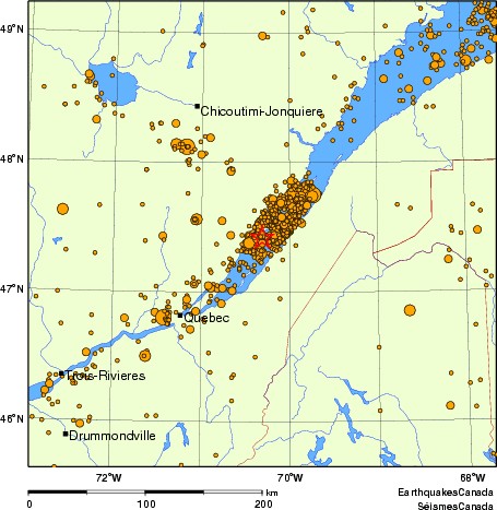 carte des des séismes de magnitude 2,0 et plus depuis 2000