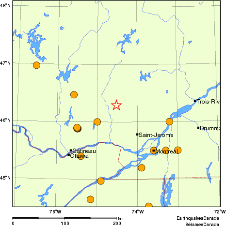 carte des séismes historiques de magnitude 5,0 et plus.  Détails dans le tableau de données ci-dessous