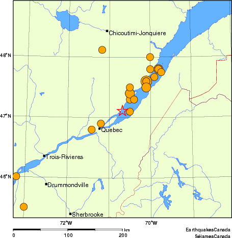 carte des séismes historiques de magnitude 5,0 et plus.  Détails dans le tableau de données ci-dessous