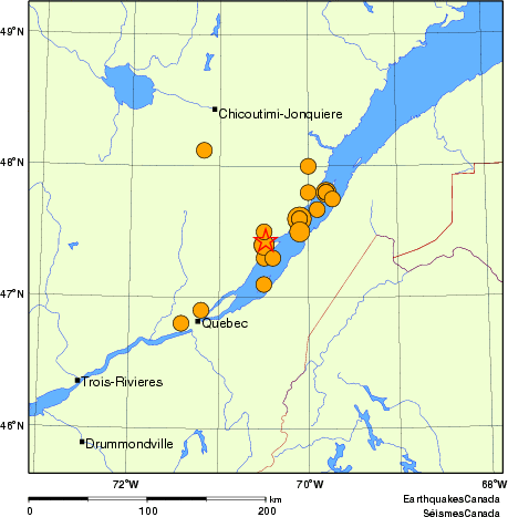 carte des séismes historiques de magnitude 5,0 et plus.  Détails dans le tableau de données ci-dessous