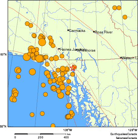 Map of historical earthquakes magnitude 5.0 and larger.  Details in the data table below