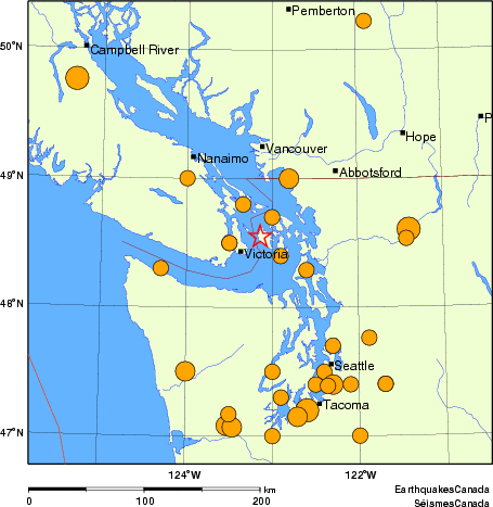 Map of historical earthquakes magnitude 5.0 and larger.  Details in the data table below