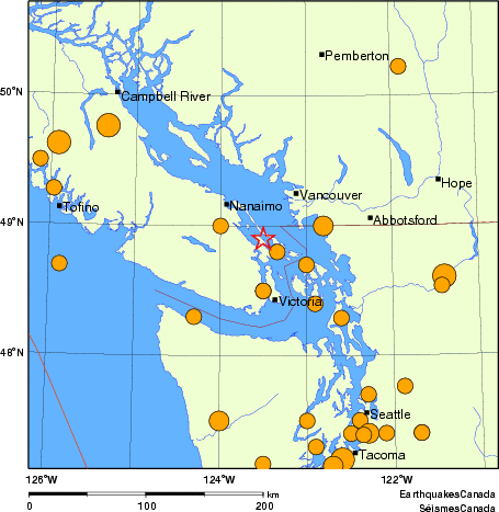 Map of historical earthquakes magnitude 5.0 and larger.  Details in the data table below