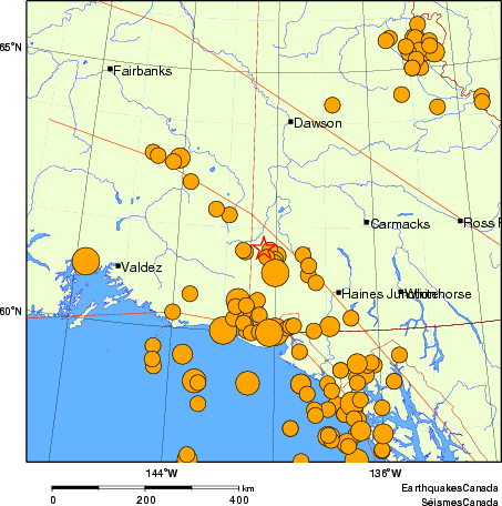 carte des séismes historiques de magnitude 5,0 et plus.  Détails dans le tableau de données ci-dessous