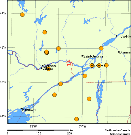 carte des séismes historiques de magnitude 5,0 et plus.  Détails dans le tableau de données ci-dessous