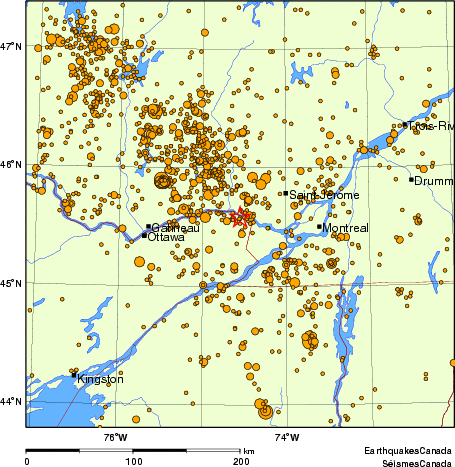 carte des des séismes de magnitude 2,0 et plus depuis 2000