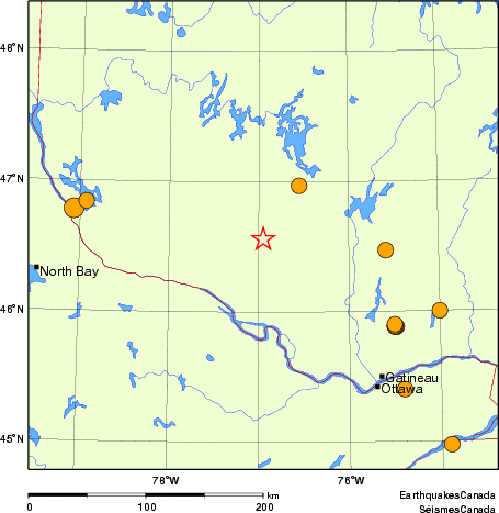 Map of historical earthquakes magnitude 5.0 and larger.  Details in the data table below