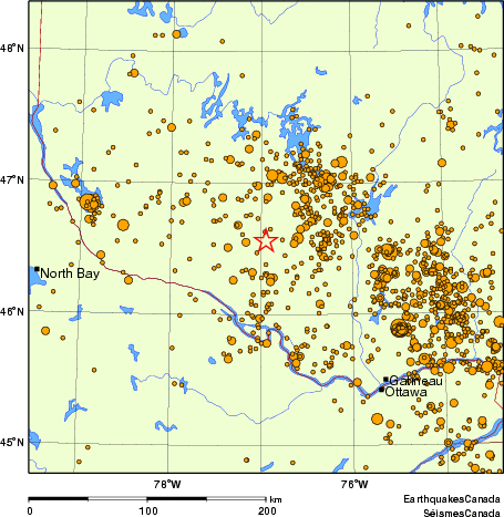 carte des des séismes de magnitude 2,0 et plus depuis 2000