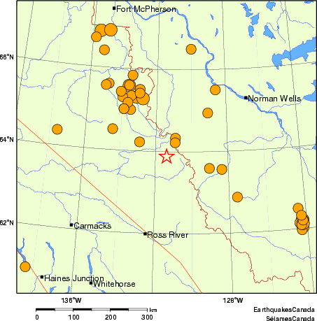 carte des séismes historiques de magnitude 5,0 et plus.  Détails dans le tableau de données ci-dessous