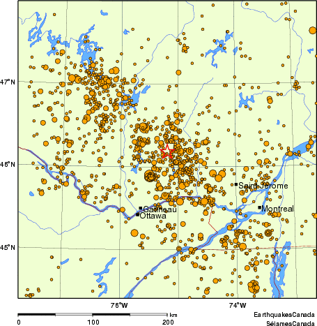 carte des des séismes de magnitude 2,0 et plus depuis 2000