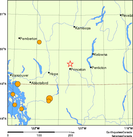 Map of historical earthquakes magnitude 5.0 and larger.  Details in the data table below