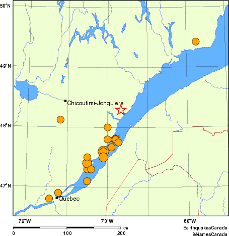 carte des séismes historiques de magnitude 5,0 et plus.  Détails dans le tableau de données ci-dessous