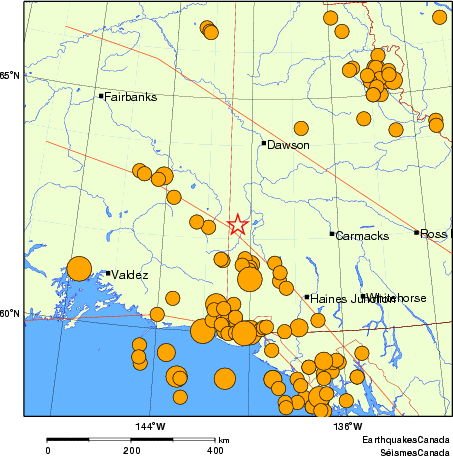 carte des séismes historiques de magnitude 5,0 et plus.  Détails dans le tableau de données ci-dessous