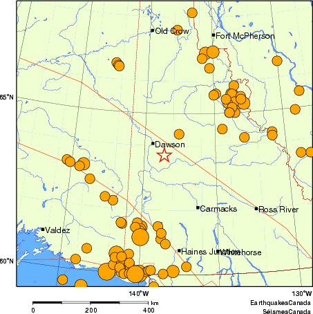 carte des séismes historiques de magnitude 5,0 et plus.  Détails dans le tableau de données ci-dessous