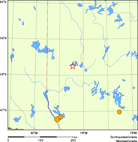 Map of historical earthquakes magnitude 5.0 and larger.  Details in the data table below