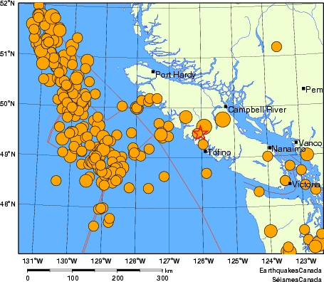 Map of historical earthquakes magnitude 5.0 and larger.  Details in the data table below