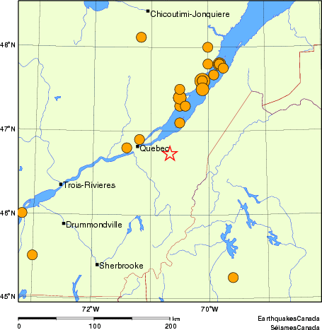 Map of historical earthquakes magnitude 5.0 and larger.  Details in the data table below