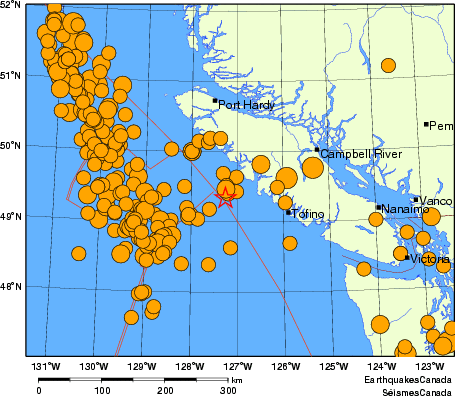 Map of historical earthquakes magnitude 5.0 and larger.  Details in the data table below