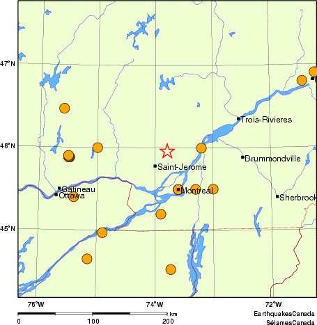 Map of historical earthquakes magnitude 5.0 and larger.  Details in the data table below