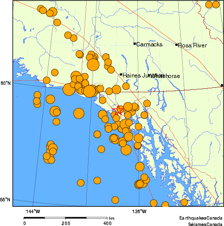 carte des séismes historiques de magnitude 5,0 et plus.  Détails dans le tableau de données ci-dessous