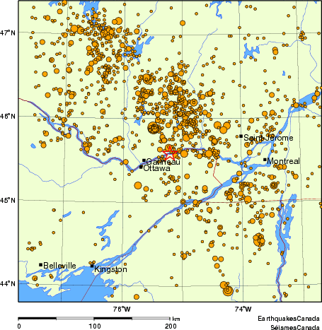 carte des des séismes de magnitude 2,0 et plus depuis 2000