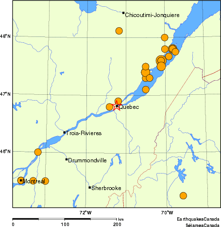 carte des séismes historiques de magnitude 5,0 et plus.  Détails dans le tableau de données ci-dessous