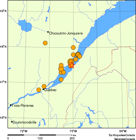 carte des séismes historiques de magnitude 5,0 et plus.  Détails dans le tableau de données ci-dessous