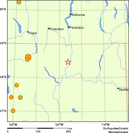 Map of historical earthquakes magnitude 5.0 and larger.  Details in the data table below