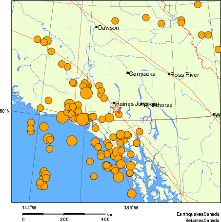 Map of historical earthquakes magnitude 5.0 and larger.  Details in the data table below