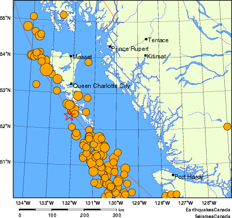 carte des séismes historiques de magnitude 5,0 et plus.  Détails dans le tableau de données ci-dessous