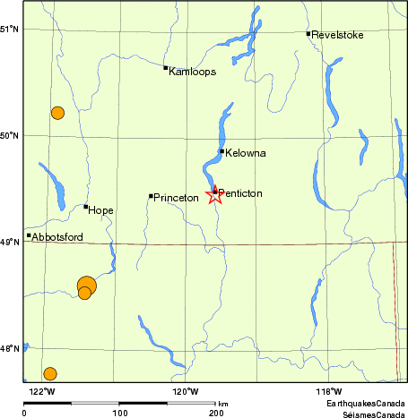 Map of historical earthquakes magnitude 5.0 and larger.  Details in the data table below