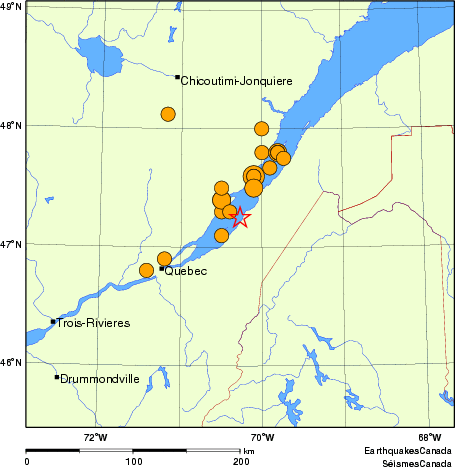 carte des séismes historiques de magnitude 5,0 et plus.  Détails dans le tableau de données ci-dessous