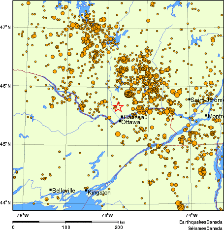 carte des des séismes de magnitude 2,0 et plus depuis 2000