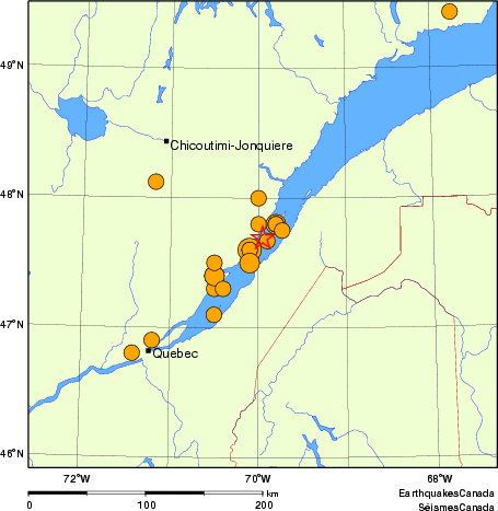 Map of historical earthquakes magnitude 5.0 and larger.  Details in the data table below