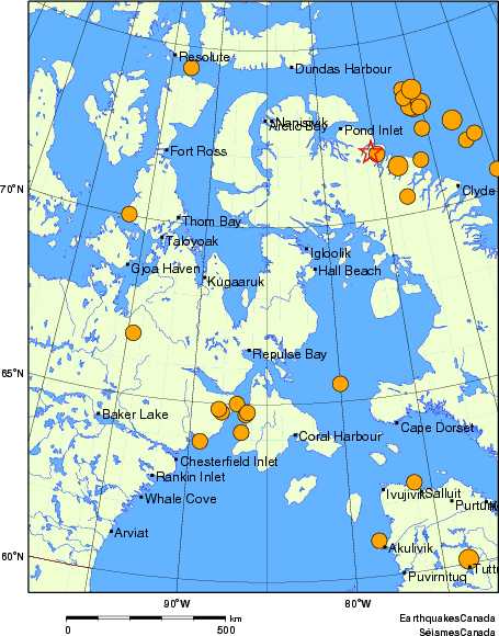 Map of historical earthquakes magnitude 5.0 and larger.  Details in the data table below