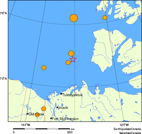 carte des séismes historiques de magnitude 5,0 et plus.  Détails dans le tableau de données ci-dessous