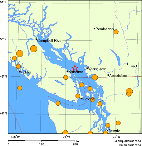 Map of historical earthquakes magnitude 5.0 and larger.  Details in the data table below