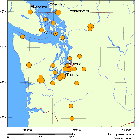 Map of historical earthquakes magnitude 5.0 and larger.  Details in the data table below