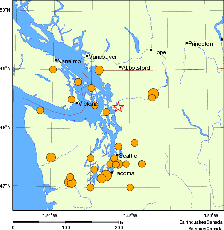 Map of historical earthquakes magnitude 5.0 and larger.  Details in the data table below