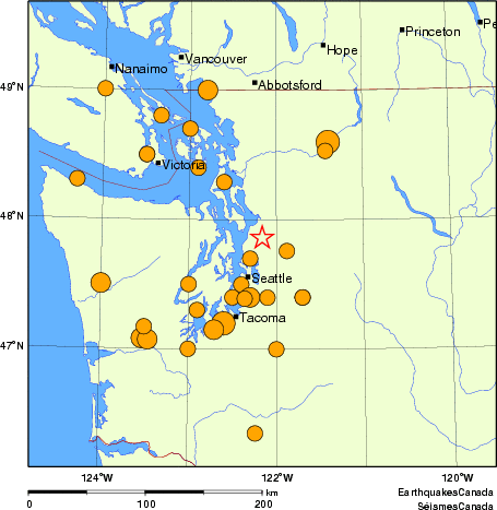 Map of historical earthquakes magnitude 5.0 and larger.  Details in the data table below