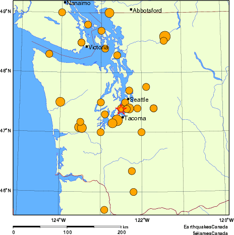 Map of historical earthquakes magnitude 5.0 and larger.  Details in the data table below