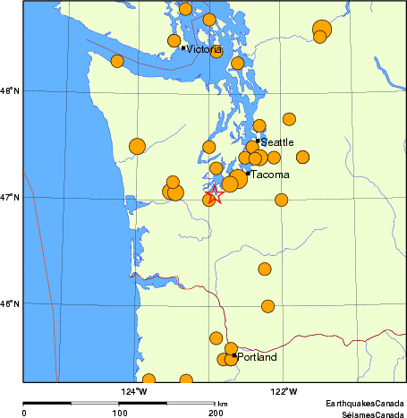 Map of historical earthquakes magnitude 5.0 and larger.  Details in the data table below