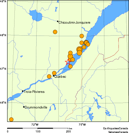 carte des séismes historiques de magnitude 5,0 et plus.  Détails dans le tableau de données ci-dessous