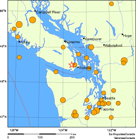 Map of historical earthquakes magnitude 5.0 and larger.  Details in the data table below