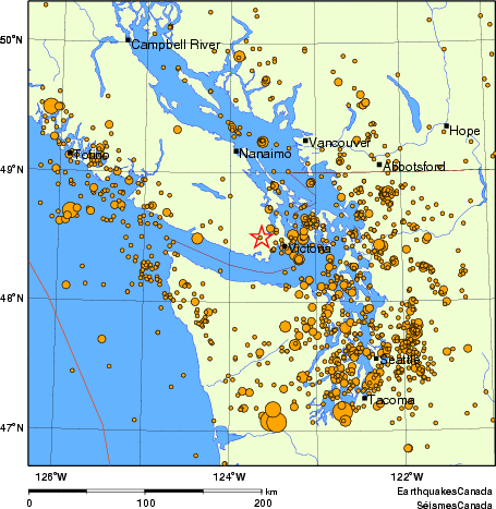 carte des des séismes de magnitude 2,0 et plus depuis 2000