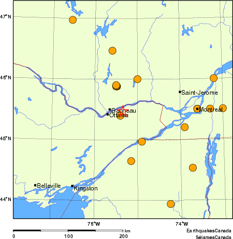 Map of historical earthquakes magnitude 5.0 and larger.  Details in the data table below