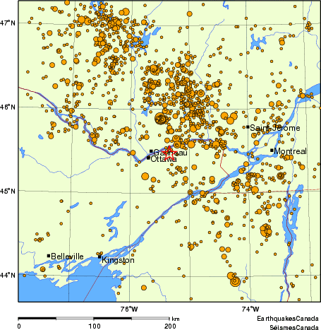 carte des des séismes de magnitude 2,0 et plus depuis 2000