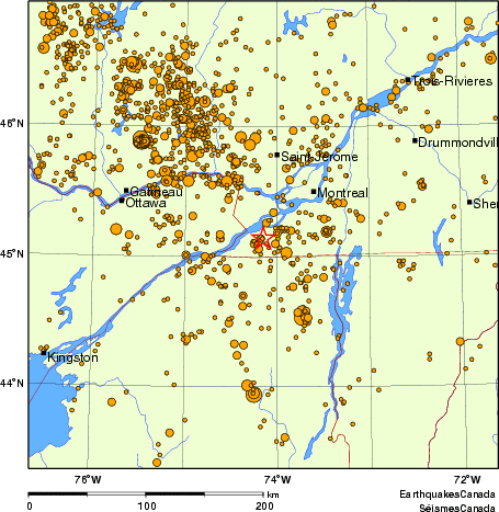 carte des des séismes de magnitude 2,0 et plus depuis 2000