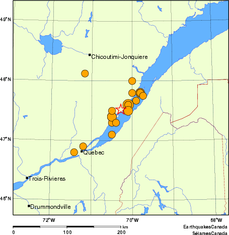 Map of historical earthquakes magnitude 5.0 and larger.  Details in the data table below